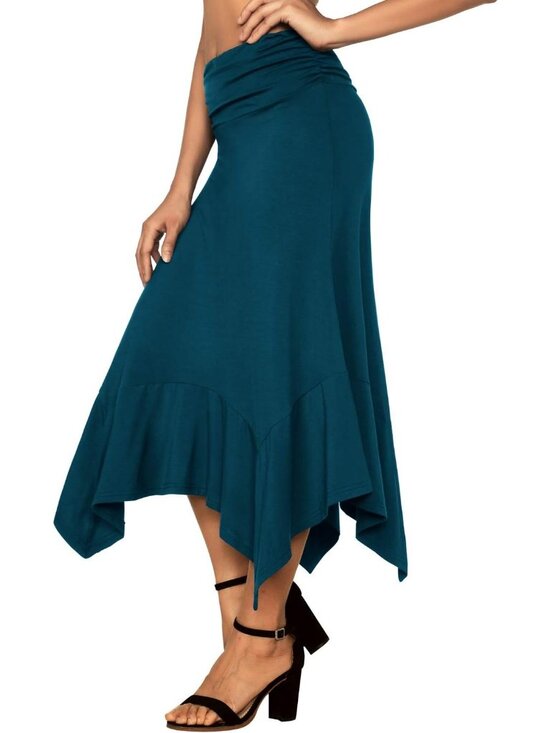 Women's Teal Green Flowy Handkerchief Hemline Romantic Hanky Hem Midi Skirt - Picture 3 of 5